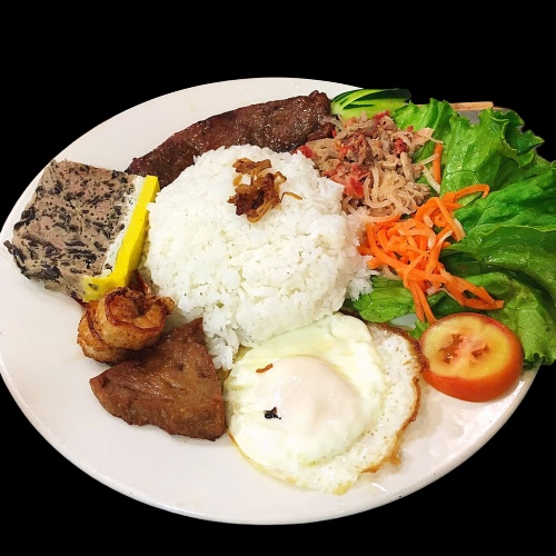 75. Rice Plate combination (Pork chop, Shredded Pork, Egg quiche and Egg)