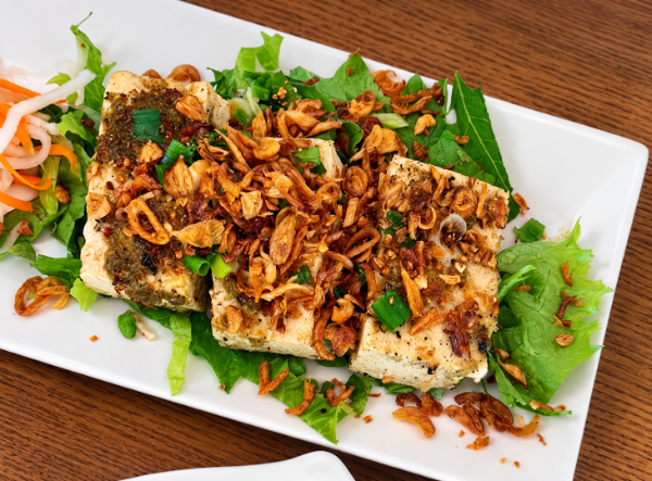 8. Grilled Lemongrass Tofu Topped with Green and Fried Onion, Peanut