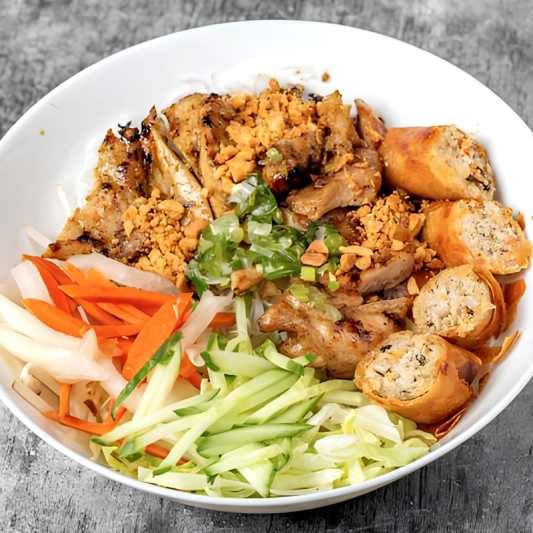 K10. Grill Satay Chicken & Eggroll Over Vermicelli Noodles