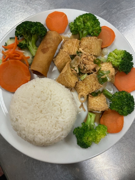C6. Rice Plate - Fried Tofu with Eggroll 
